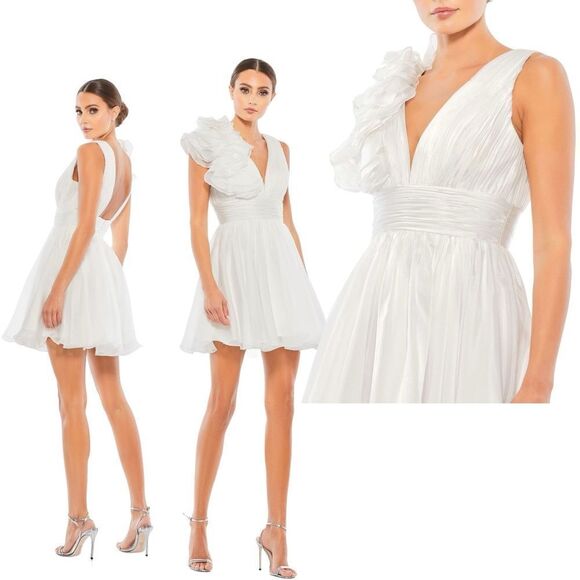 Ieena Mac Duggal Sz 6 White Ruffle Shoulder Empire Waist Deep V-Neck Dress 48952 - Picture 1 of 9